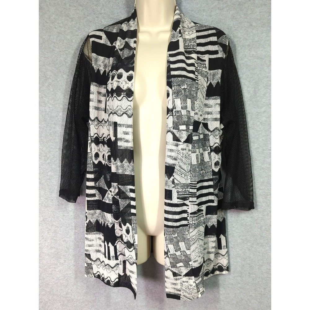 New Mesh Cardigan Topper XL Black White Geometric Open Front Easy Chic Stylish